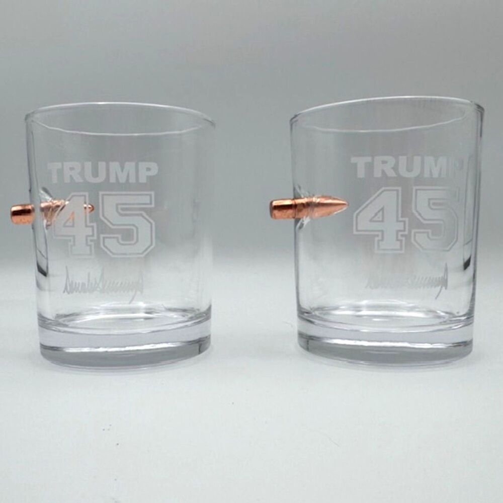 Trump 45 Bullet Style Whiskey Lowball Glasses Set of 2 Clear 3.75in Tumbler Gift